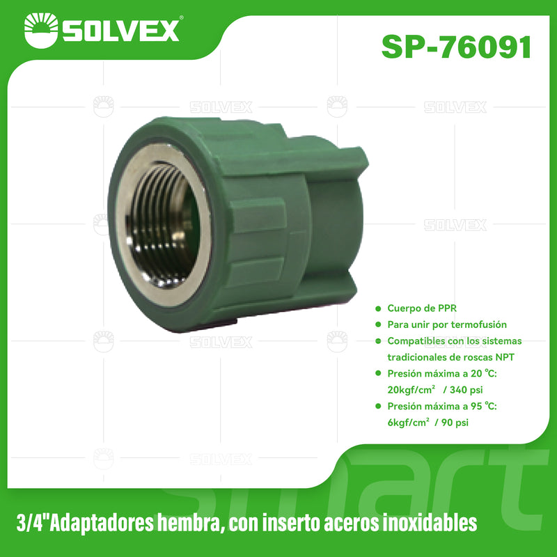 Adaptador PPR Hembra 3/4" con Inserto en Acero Inoxidable. Conector Termofusión para Agua.