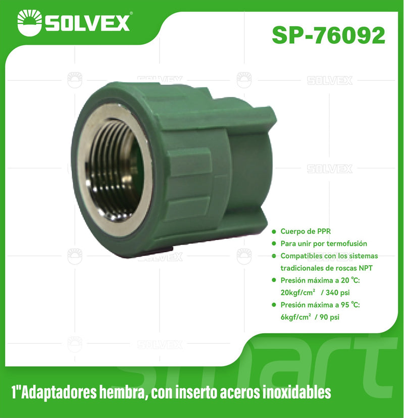 Adaptador PPR Hembra 1" con Inserto en Acero Inoxidable. Conector Termofusión para Agua.