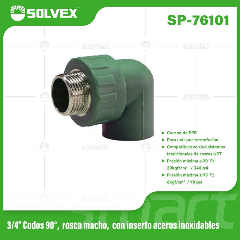 Codo PPR 90° 3/4" con Rosca Macho en Acero Inoxidable. Conector Termofusión para Agua.