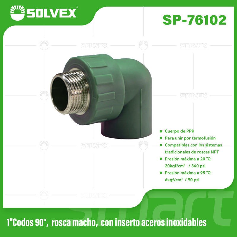 Codo PPR 90° 1" con Rosca Macho en Acero Inoxidable. Conector Termofusión para Agua.