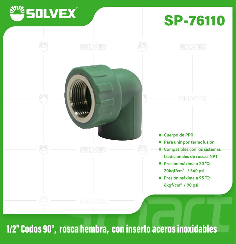 Codo PPR 90° 1/2" con Rosca Hembra en Acero Inoxidable. Conector Termofusión para Agua.