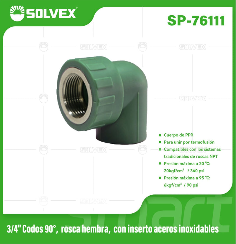 Codo PPR 90° 3/4" con Rosca Hembra en Acero Inoxidable. Conector Termofusión para Agua.