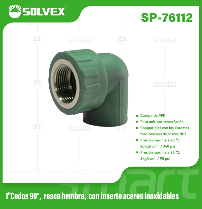 Codo PPR 90° 1" con Rosca Hembra en Acero Inoxidable. Conector Termofusión para Agua.