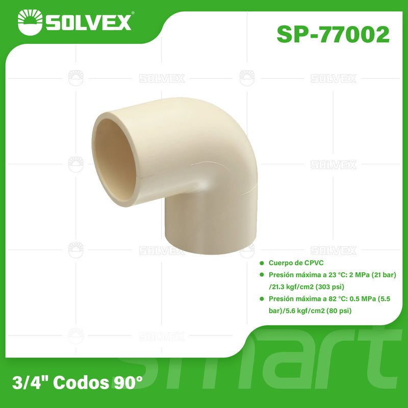 Codo CPVC 90° de 3/4". Conector para Agua Caliente y Fría. Unión Segura.