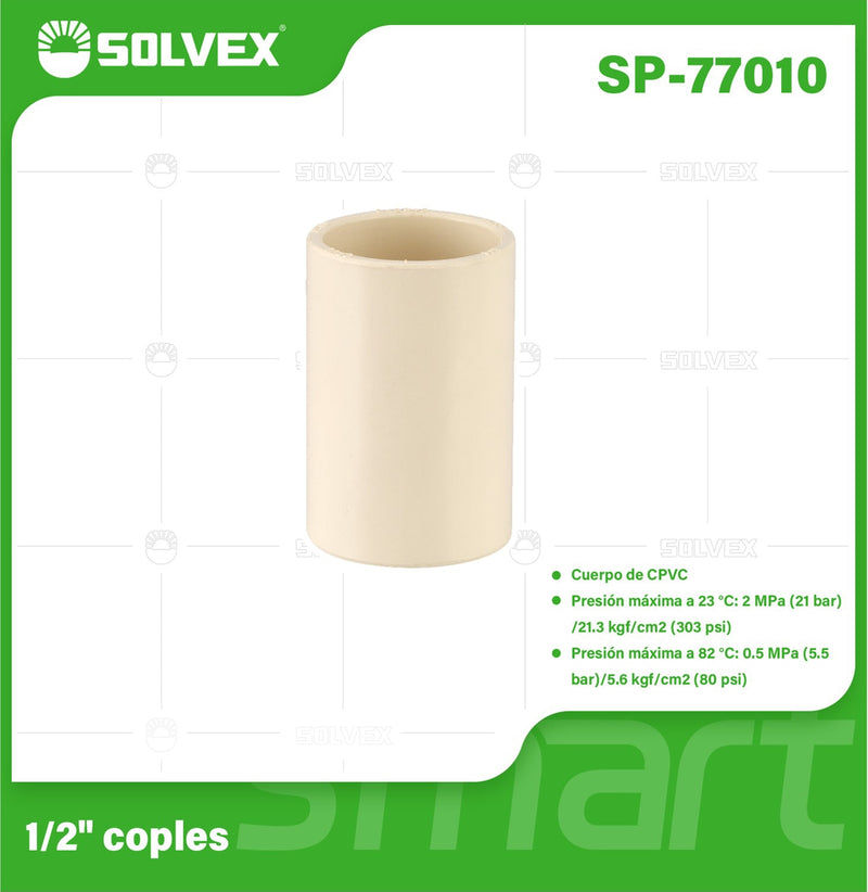 Cople CPVC 1/2". Conexión Termofusión. Unión Recta para Agua Caliente y Fría. Coupling.