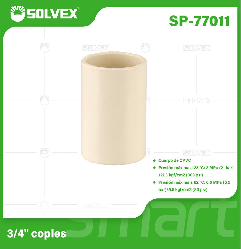 Cople CPVC 3/4". Conexión Termofusión. Unión Recta para Agua Caliente y Fría. Coupling.