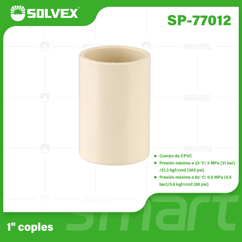 Cople CPVC 1". Conexión Termofusión. Unión Recta para Agua Caliente y Fría. Coupling.