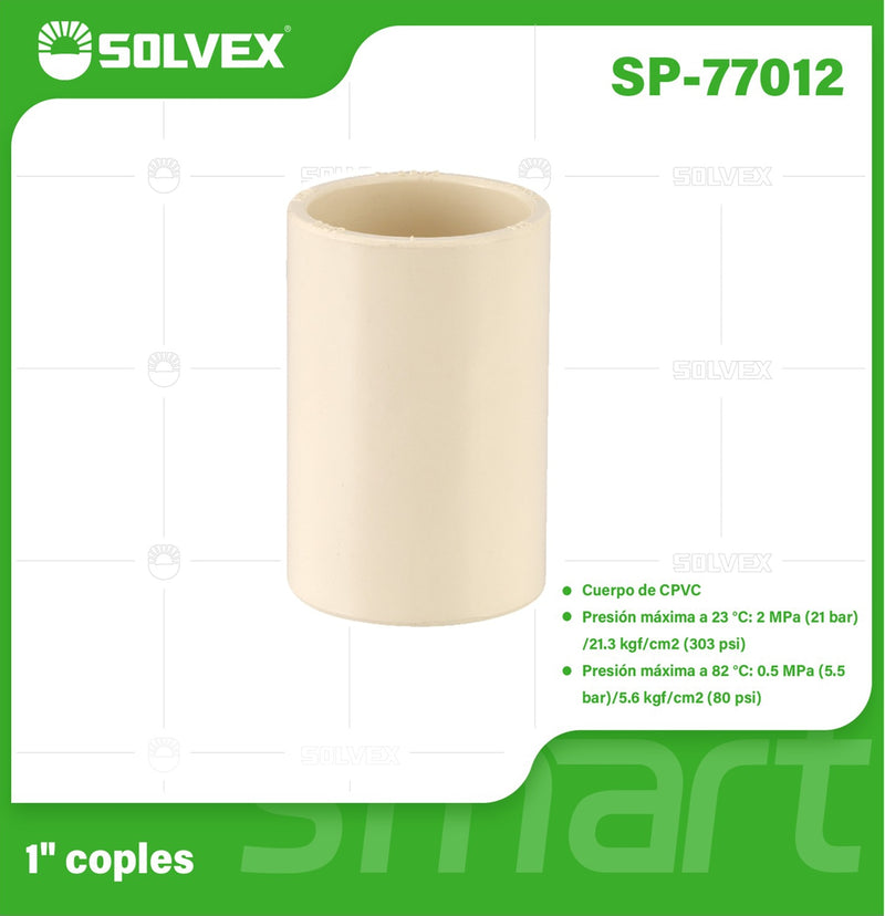 Cople CPVC 1". Conexión Termofusión. Unión Recta para Agua Caliente y Fría. Coupling.