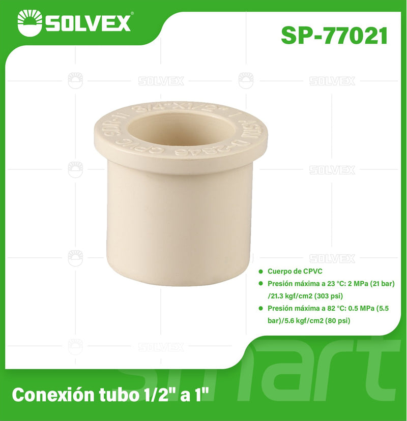 Reducción CPVC 1/2" a 1". Bushing Adaptador para Agua Caliente y Fría. Conexión Termofusión.
