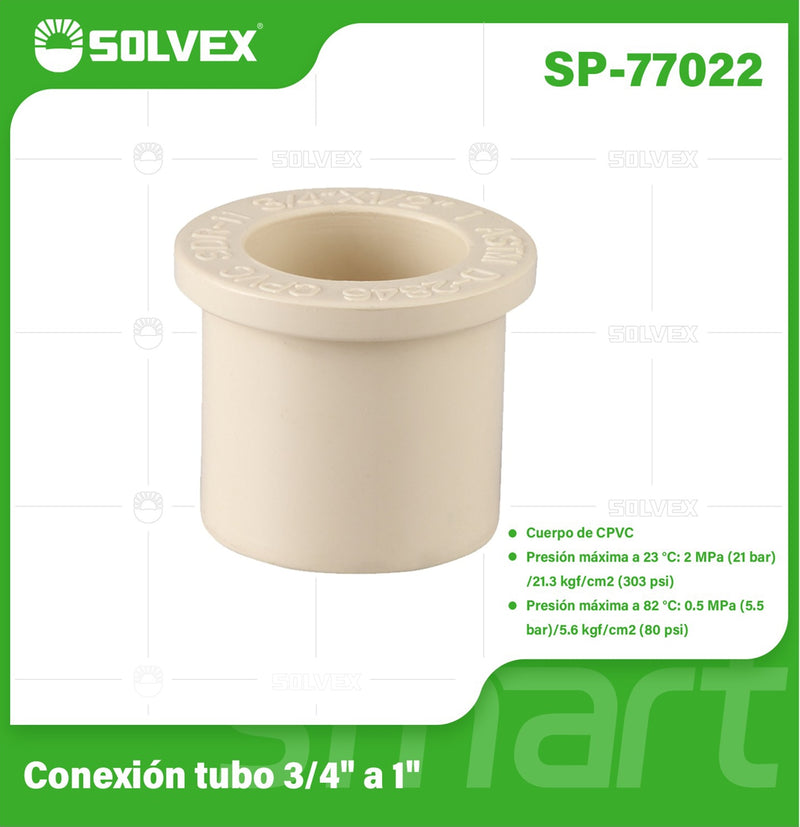 Reducción CPVC 3/4" a 1". Bushing Adaptador para Agua Caliente y Fría. Conexión Termofusión.
