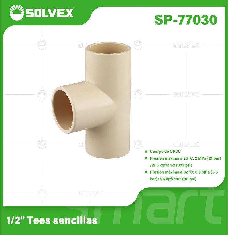 Tee CPVC 1/2". Conector en T para Agua Caliente y Fría. Unión Termofusión.