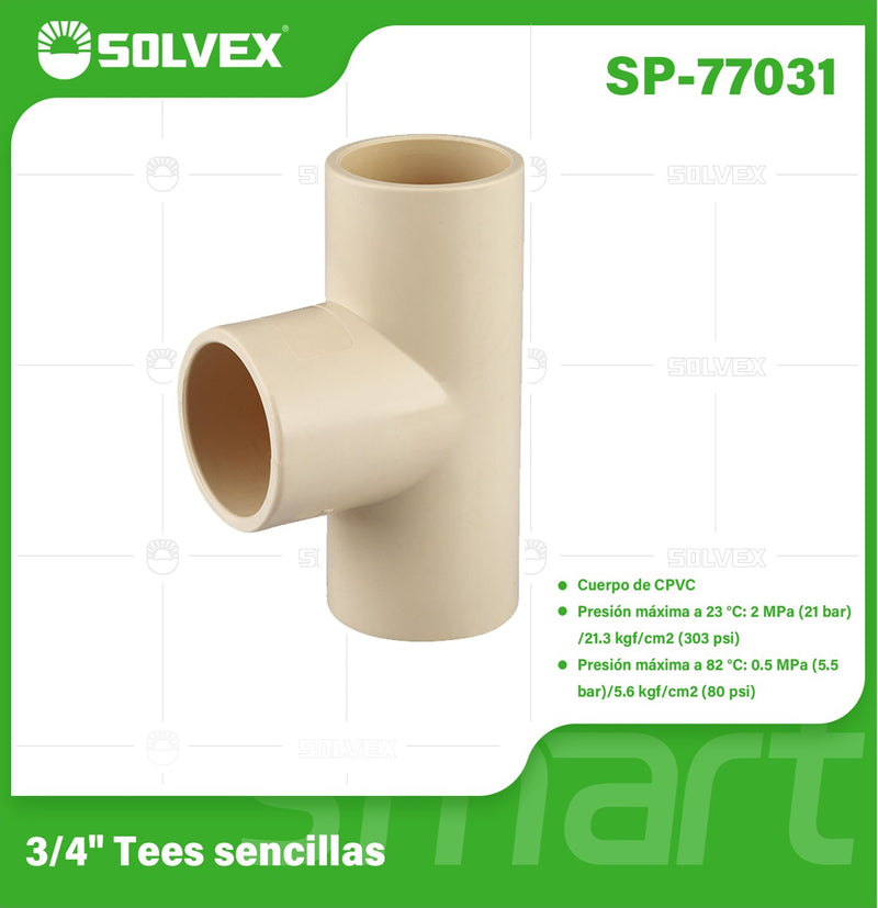 Tee CPVC 3/4". Conector en T para Agua Caliente y Fría. Unión Termofusión.