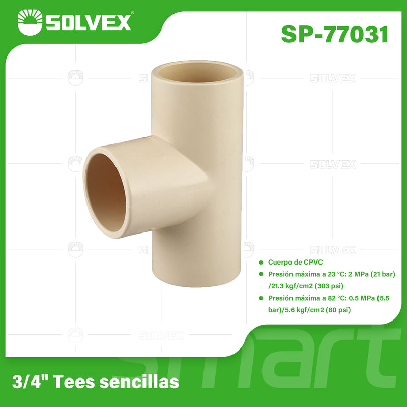 Tee CPVC 3/4". Conector en T para Agua Caliente y Fría. Unión Termofusión.
