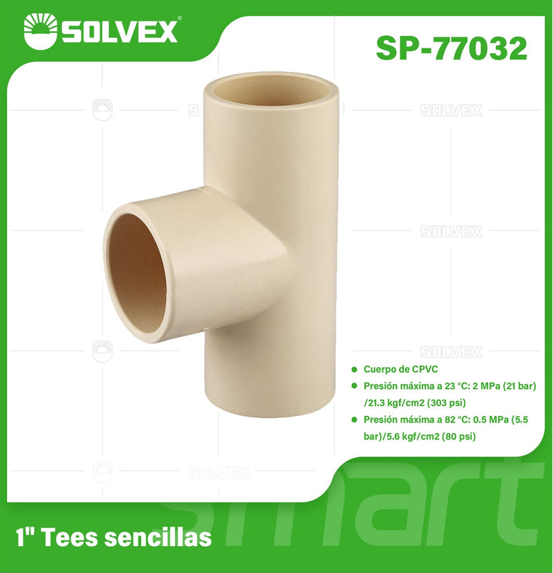 Tee CPVC 1". Conector en T para Agua Caliente y Fría. Unión Termofusión.