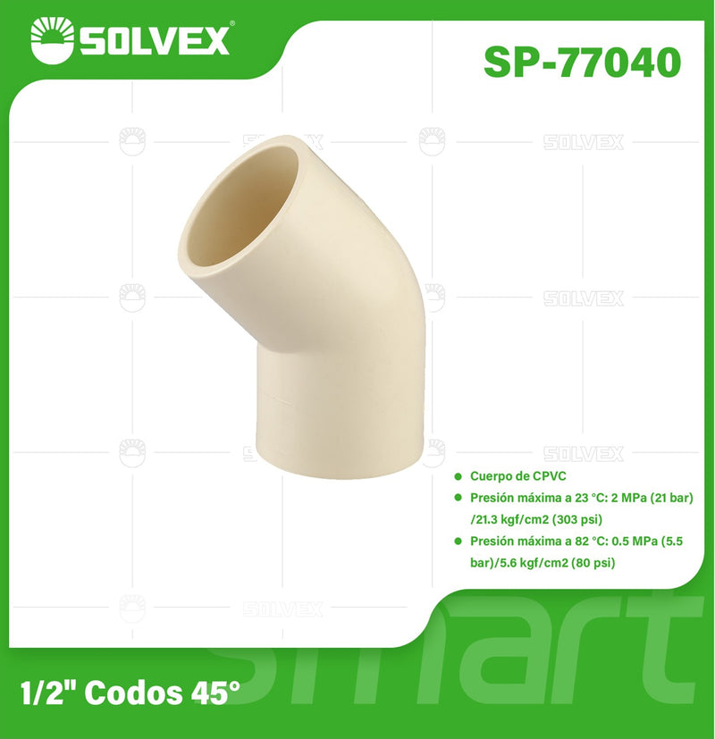 Codo CPVC 45° 1/2". Conexión en Ángulo para Agua Caliente y Fría. Termofusión.