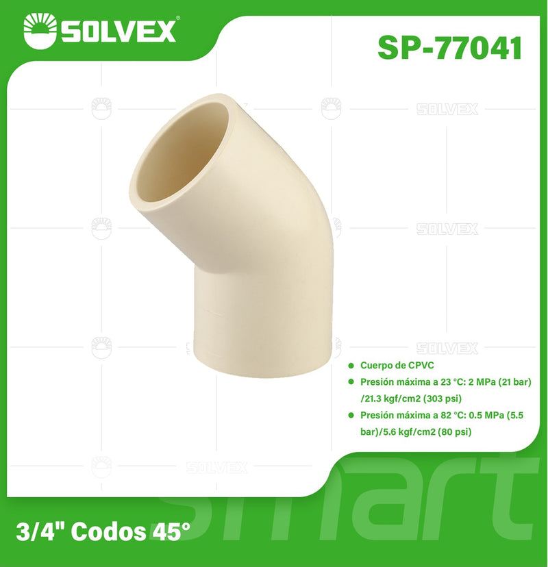 Codo CPVC 45° 3/4". Conexión en Ángulo para Agua Caliente y Fría. Termofusión.