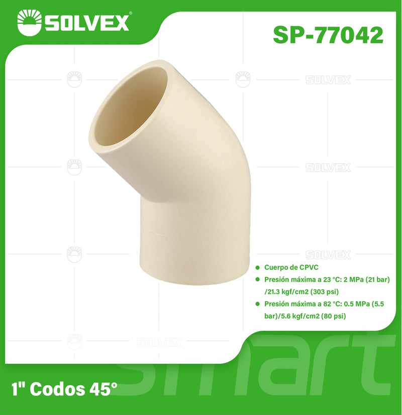 Codo CPVC 45° 1". Conexión en Ángulo para Agua Caliente y Fría. Termofusión.