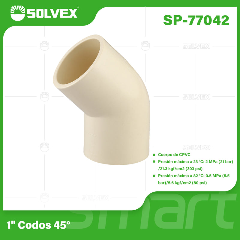 Codo CPVC 45° 1". Conexión en Ángulo para Agua Caliente y Fría. Termofusión.