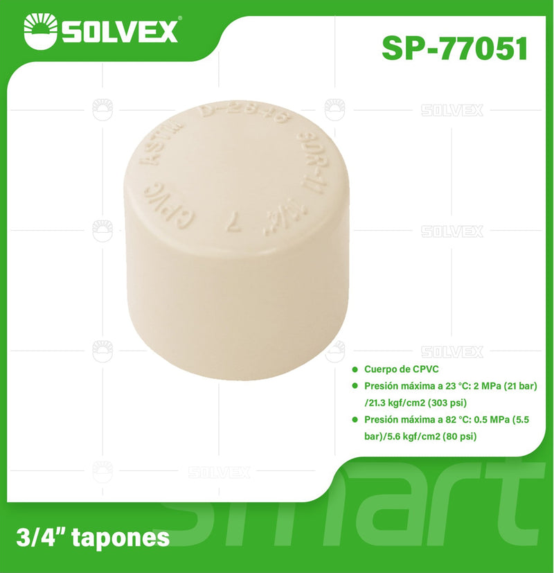 Tapón CPVC 3/4". Cierre Hermético para Agua Caliente y Fría. Conexión Termofusión.