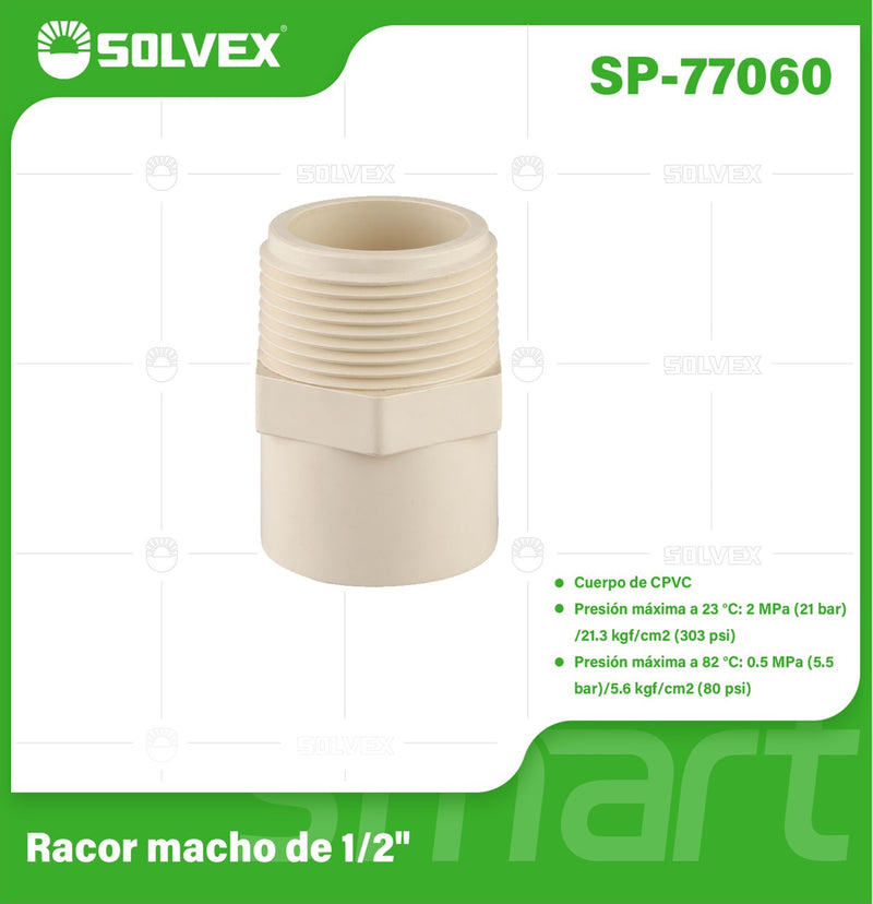 Adaptador CPVC Macho 1/2". Conector final Roscado para Agua Caliente y Fría.