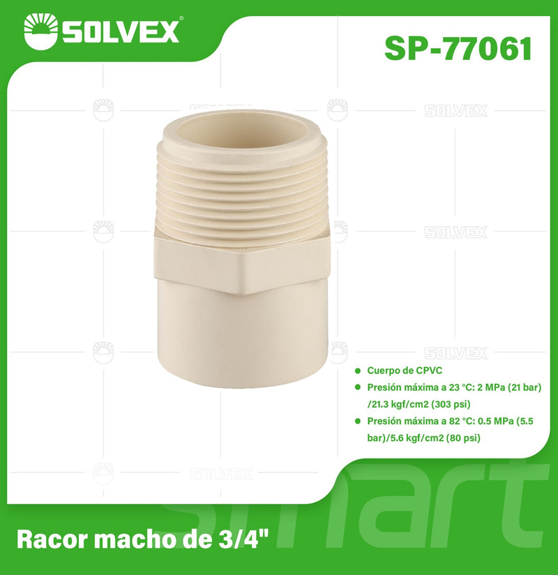 Adaptador CPVC Macho 3/4". Conector final Roscado para Agua Caliente y Fría.