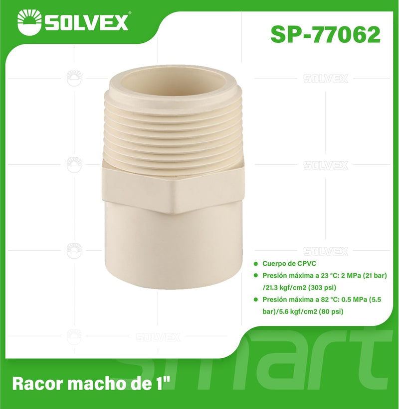 Adaptador CPVC Macho 1". Conector final Roscado para Agua Caliente y Fría.