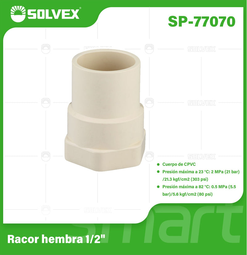 Adaptador CPVC Hembra 1/2". Conector Final Roscado para Agua Caliente y Fría.