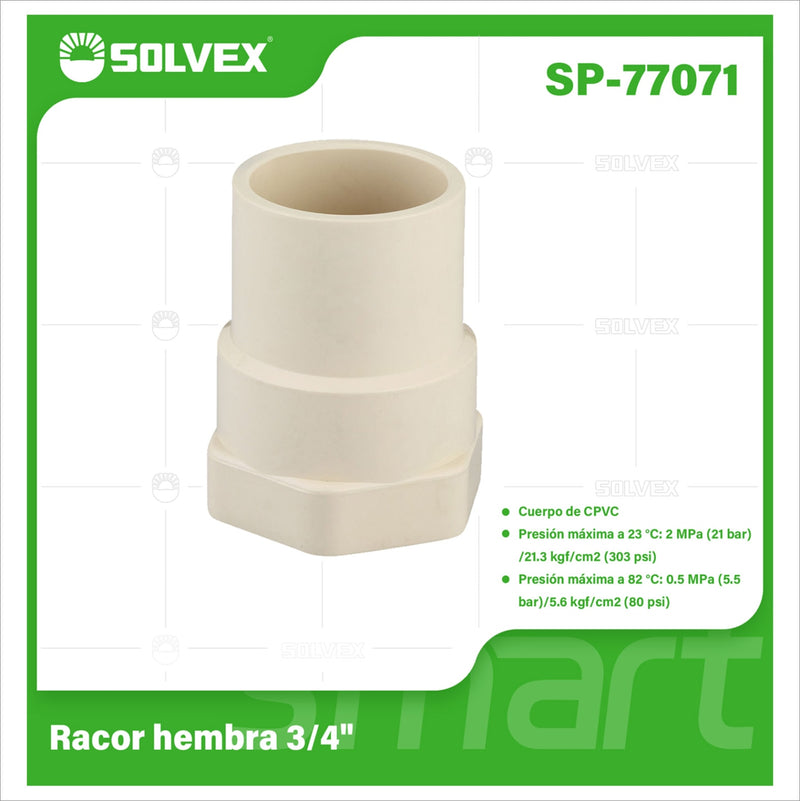 Adaptador CPVC Hembra 3/4". Conector Final Roscado para Agua Caliente y Fría.