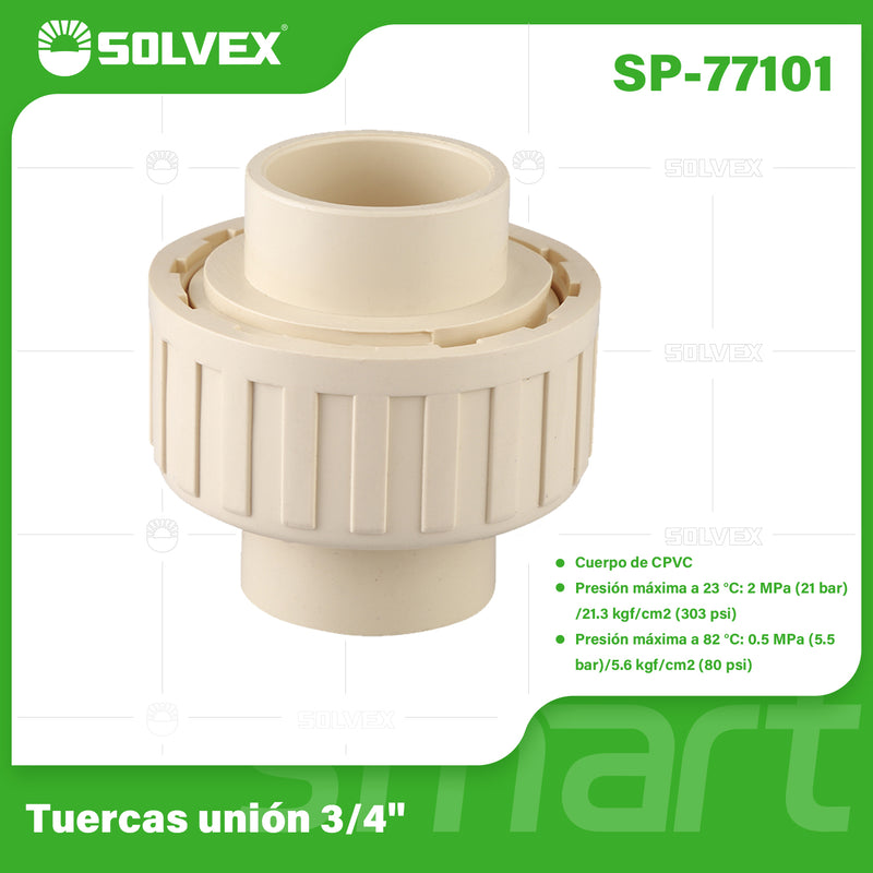 Unión universal CPVC 3/4". Conector Desmontable para Agua Caliente y Fría. Coupling.