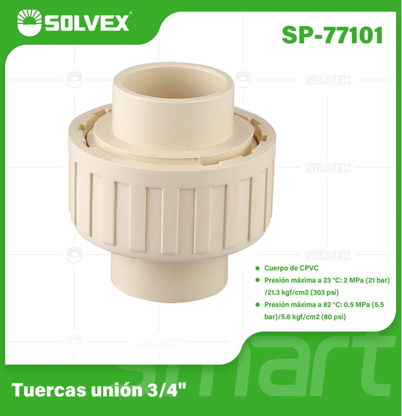 Unión universal CPVC 3/4". Conector Desmontable para Agua Caliente y Fría. Coupling.