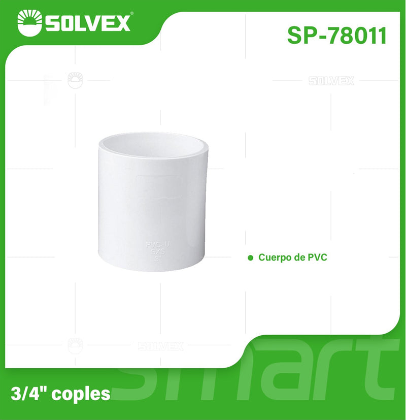 Cople de PVC 3/4" para Agua Potable. Unión de Tuberías Resistente.