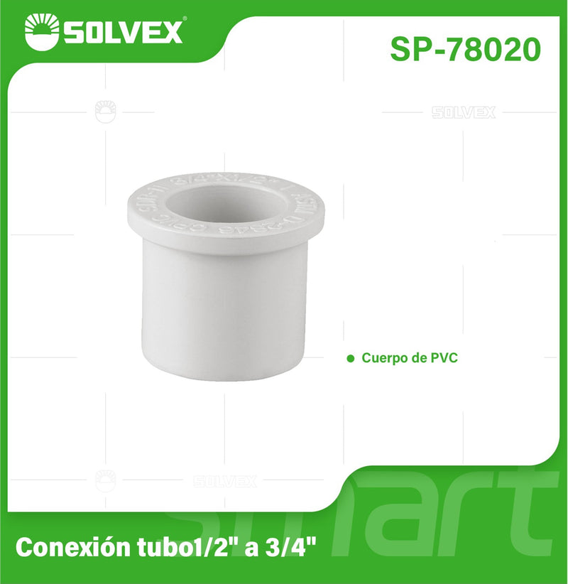 Reducción PVC 1/2" a 3/4". Bushing Adaptador para Agua Potable. Conexión Roscada de Presión.