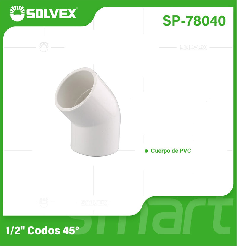 Codo PVC 45° 1/2". Conector de Tubería para Agua Potable.