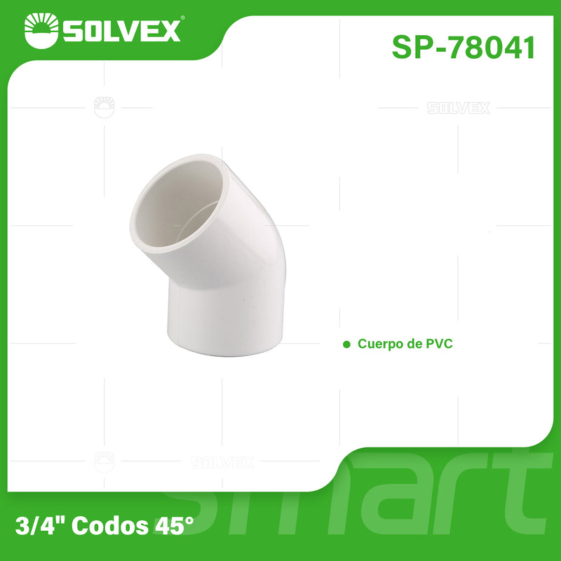 Codo PVC 45° 3/4". Conector de Tubería para Agua Potable.
