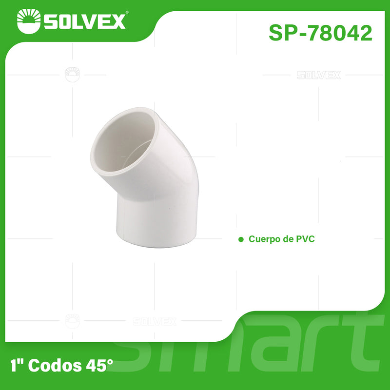Codo PVC 45° 1". Conector de Tubería para Agua Potable.