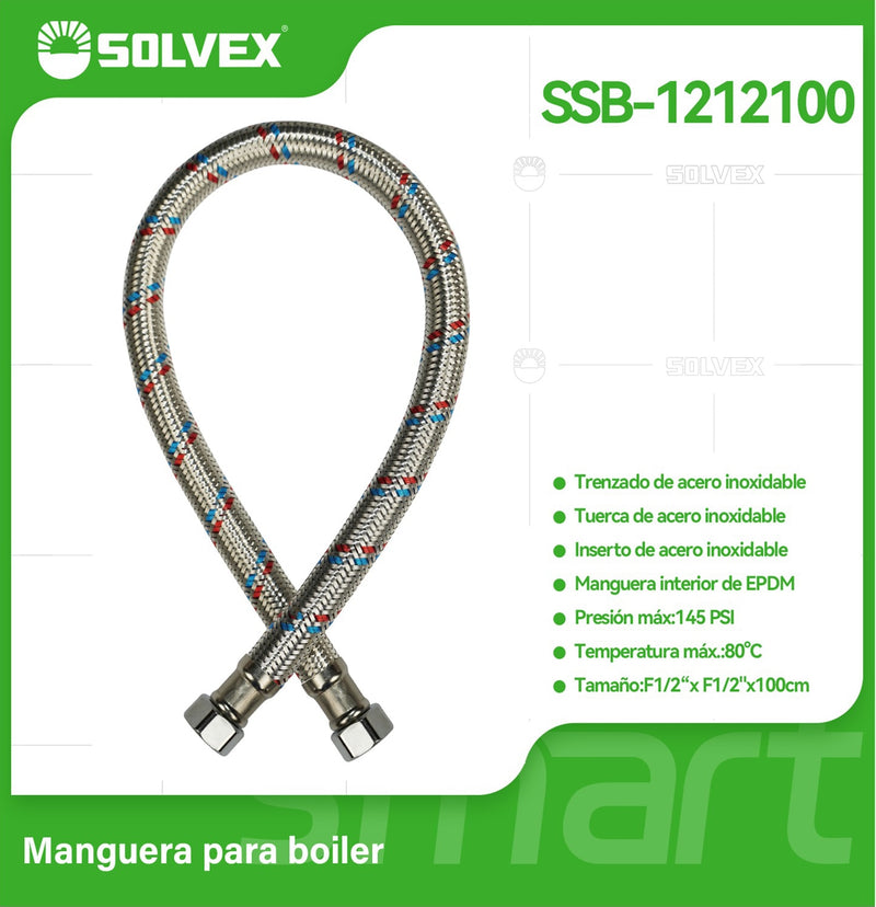 Manguera Flexible Para Boiler 100Cm. Tubo de Abasto Trenzado en Acero Inoxidable Para Calentadores H1/2" x H1/2".