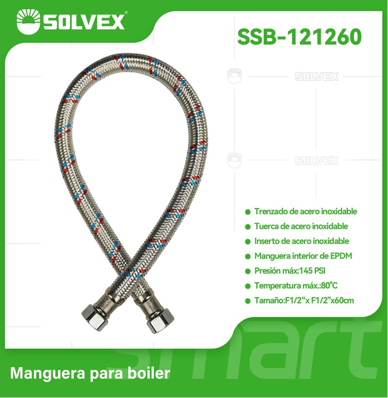 Manguera Flexible Para Boiler 60Cm. Tubo de Abasto Trenzado en Acero Inoxidable Para Calentadores H1/2" x H1/2".