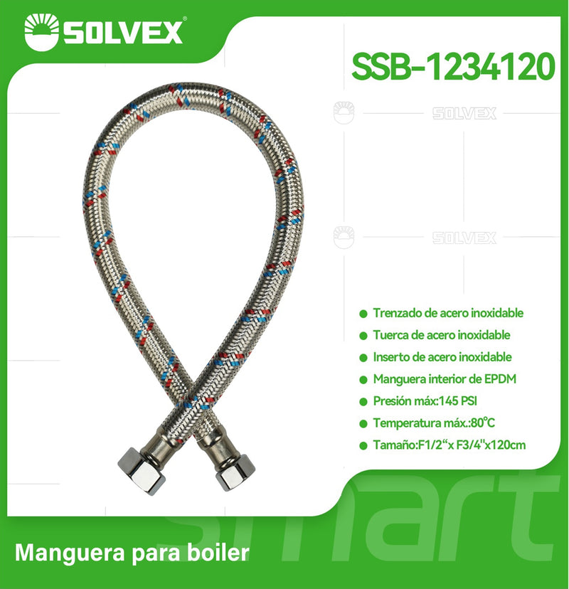Manguera Flexible Para Boiler 120Cm. Tubo de Abasto Trenzado en Acero Inoxidable Para Calentadores H1/2" x H3/4".