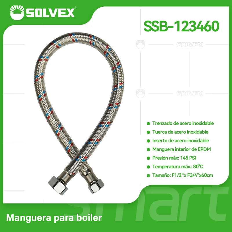 Manguera Flexible Para Boiler 60Cm. Tubo de Abasto Trenzado en Acero Inoxidable Para Calentadores H1/2" x H3/4".