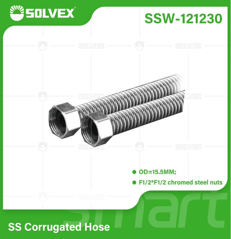 Tubo De Abasto Manguera Corrugada Flexible 30Cm. Acero Inoxidable Con Tuercas Cromadas H1/2'' x H1/2''.
