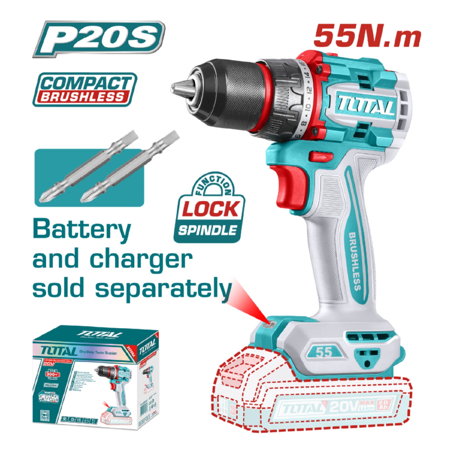 Drill Taladro Inalámbrico. Función de bloqueo de eje 20V 55N.m. Motor sin escobillas. No Incluye Batería Ni Cargador.