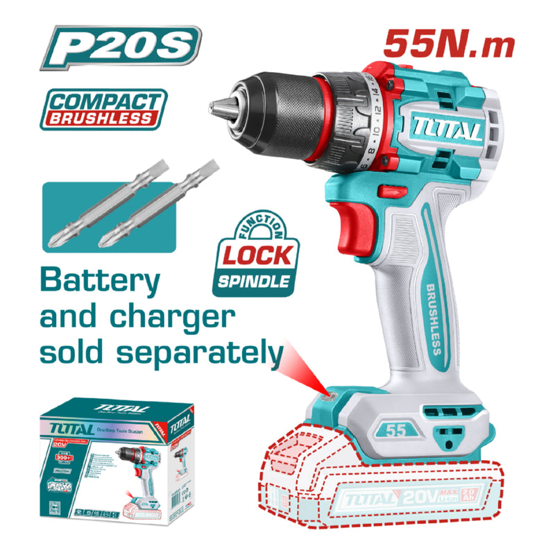 Drill Taladro Inalámbrico. Función de bloqueo de eje 20V 55N.m. Motor sin escobillas. No Incluye Batería Ni Cargador.