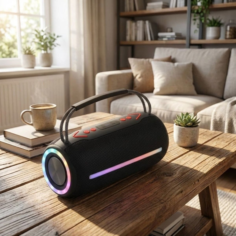Bocina Bluetooth 5.3 Portátil 20W. Speaker altavoz Inalámbrico RGB con Radio FM, USB, AUX, TF, TWS, Batería 2400mAh y Función Power Bank.