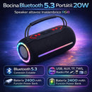 Bocina Bluetooth 5.3 Portátil 20W. Speaker altavoz Inalámbrico RGB con Radio FM, USB, AUX, TF, TWS, Batería 2400mAh y Función Power Bank.