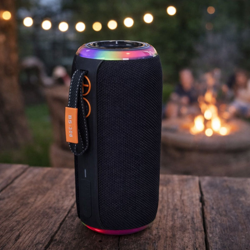 Bocina Bluetooth Portátil 20W con Luz RGB. Altavoz Parlante Inalámbrico Resistente al Agua IPX6 con Radio FM, USB, AUX, TF y Batería 2400mAh.
