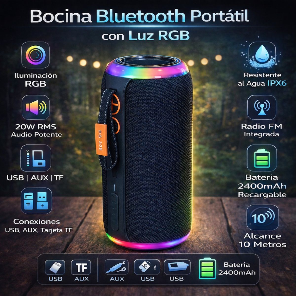 Bocina Bluetooth Portátil 20W con Luz RGB. Altavoz Parlante Inalámbrico Resistente al Agua IPX6 con Radio FM, USB, AUX, TF y Batería 2400mAh.