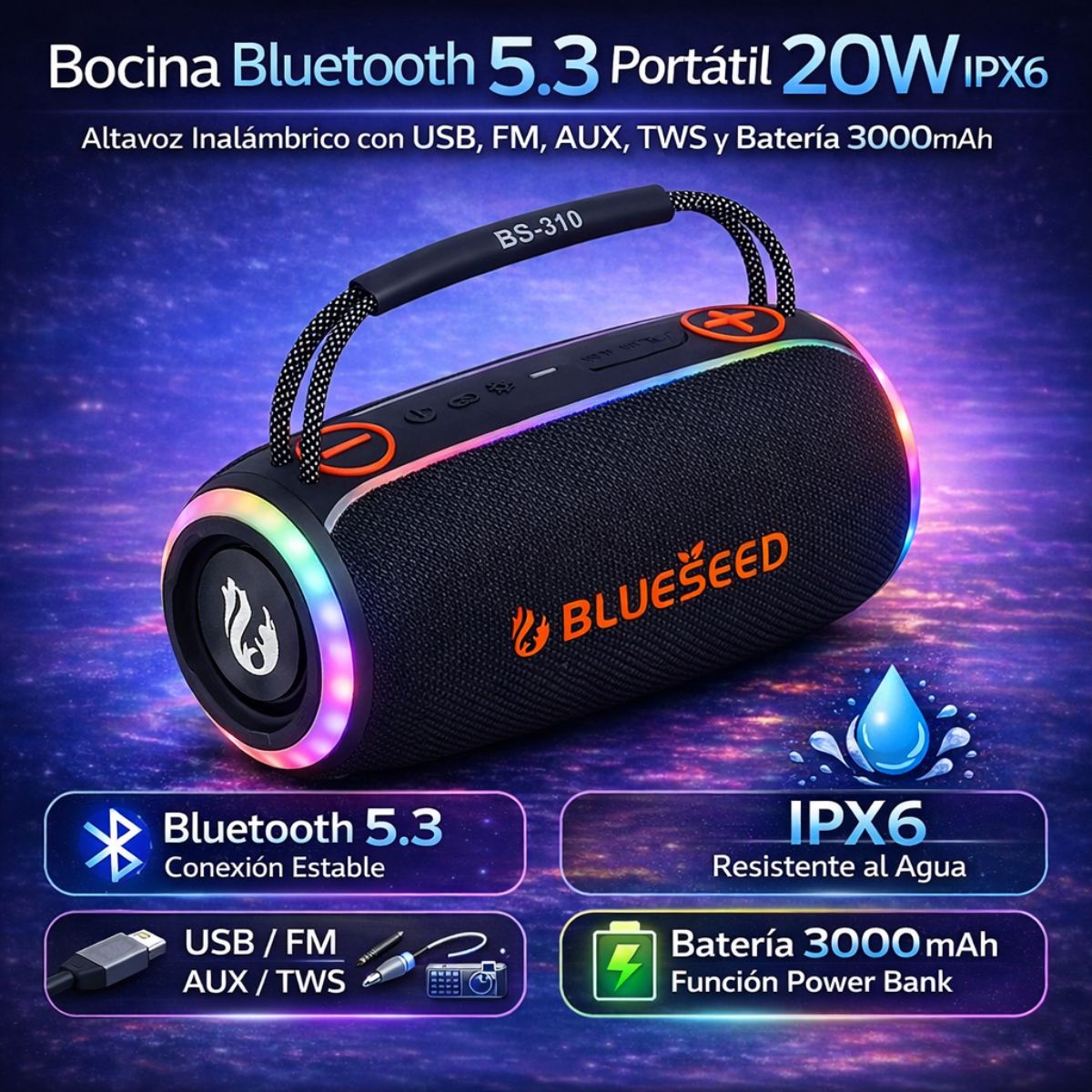 Bocina Bluetooth 5.3 Portátil 20W IPX6. Altavoz Inalámbrico con USB, FM, AUX, TWS y Batería 3000mAh. Speaker Parlante con Iluminación RGB.