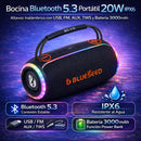 Bocina Bluetooth 5.3 Portátil 20W IPX6. Altavoz Inalámbrico con USB, FM, AUX, TWS y Batería 3000mAh. Speaker Parlante con Iluminación RGB.