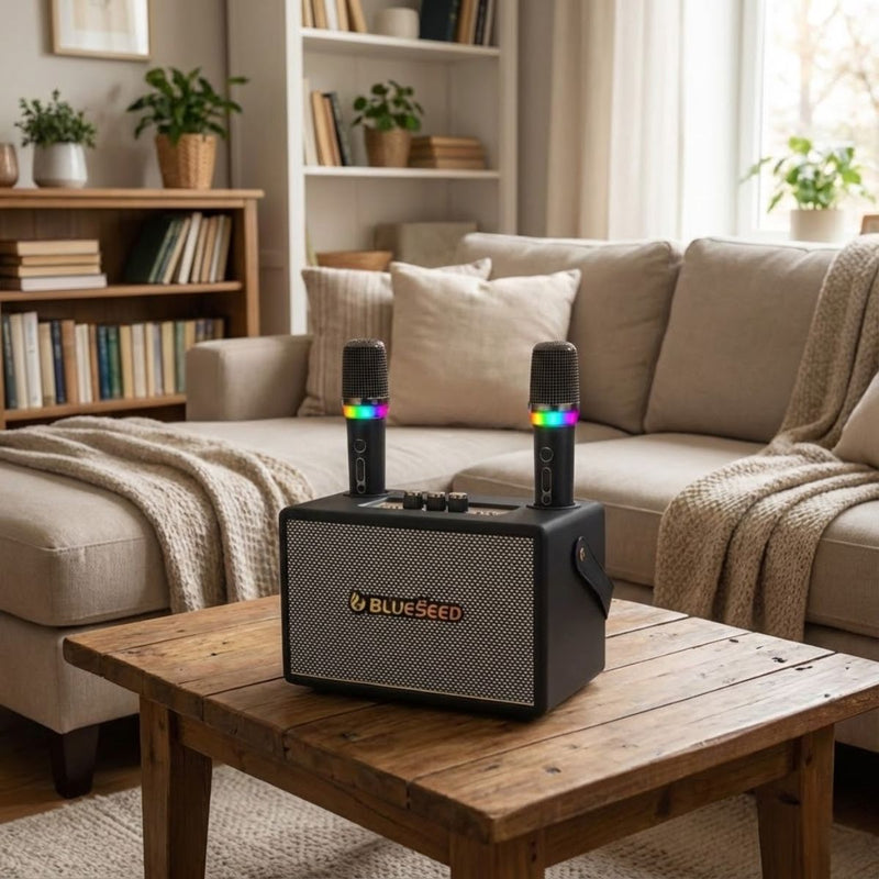 Bocina Portátil con dos Micrófonos Inalámbricos para Karaoke. Speaker Altavoz Bluetooth con FM, SD, AUX y Batería 2400mAh.