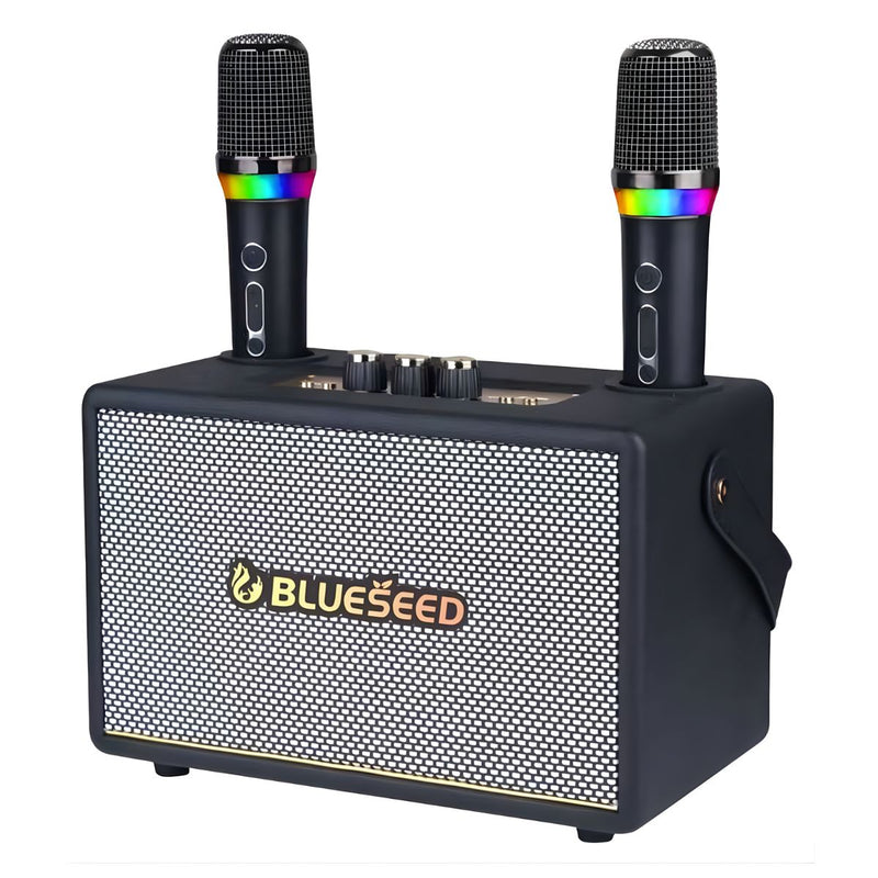Bocina Portátil con dos Micrófonos Inalámbricos para Karaoke. Speaker Altavoz Bluetooth con FM, SD, AUX y Batería 2400mAh.